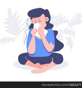 Woman sit on floor cover her cough with white handkerchief. Fight Covid-19 pandemic outbreak coronavirus prevention. Health care and medical flat character vector.