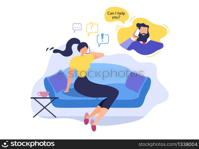 Woman Sit on Sofa at Home. Call Support Man. Operator Talk Vector Illustration. Customer Assistance Helpline Communication. Contact Helpdesk. Mobile Phone Hotline. Technical Center Service. Woman Sit on Sofa Call Support Man Operator Talk