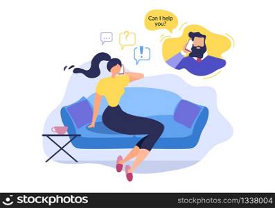 Woman Sit on Sofa at Home. Call Support Man. Operator Talk Vector Illustration. Customer Assistance Helpline Communication. Contact Helpdesk. Mobile Phone Hotline. Technical Center Service. Woman Sit on Sofa Call Support Man Operator Talk