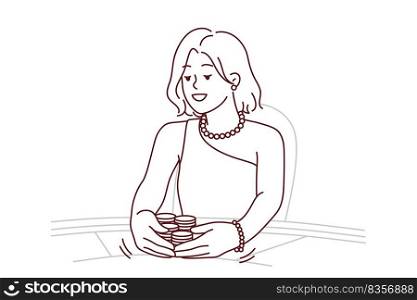 Woman sit on table in casino playing game for money. Smiling female in dress gambling in gaming house. Addiction and entertainment. Vector illustration. . Woman gambling in casino