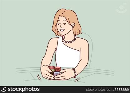 Woman sit on table in casino playing game for money. Smiling female in dress gambling in gaming house. Addiction and entertainment. Vector illustration. . Woman gambling in casino