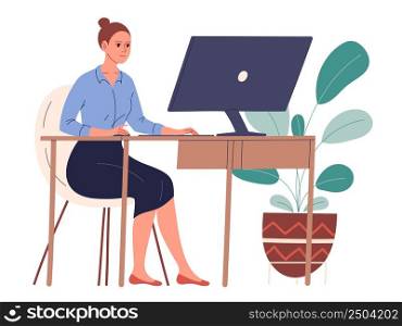 Woman sits at her desk in her workplace and works.. Woman sits at her desk in her workplace and works