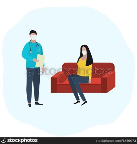 Woman sits at home on the sofa in a medical mask is sick and a doctor is standing nearby. Fashion trendy illustration, flat design. Pandemic and epidemic of coronavirus in the world.. Woman sits at home on the sofa in a medical mask is sick and a doctor is standing nearby. Fashion trendy illustration, flat design. Pandemic and epidemic of coronavirus in the world