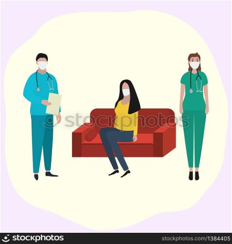 Woman sits at home on the sofa in a medical mask is sick and a doctor is standing nearby. Fashion trendy illustration, flat design. Pandemic and epidemic of coronavirus in the world.. Woman sits at home on the sofa in a medical mask is sick and a doctor is standing nearby. Fashion trendy illustration, flat design. Pandemic and epidemic of coronavirus in the world