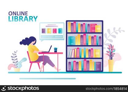 Woman sits at table and chooses book in an online bookstore. Bookshelves with many different books. Online library, e-books and new technology. Banner in trendy style. Flat vector illustration. Woman sits at table and chooses book in an online bookstore. Bookshelves with many different books. Online library, e-books and new technology