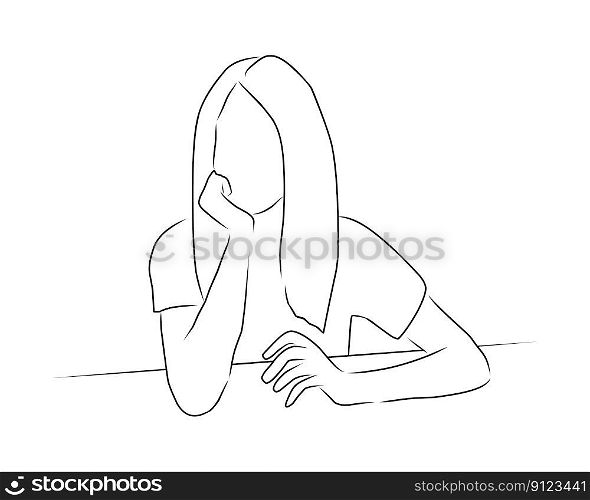 Woman sits at the table and dreams, vector. Hand drawn sketch. A woman sits at a table resting her head on her hand and dreams, thinks.