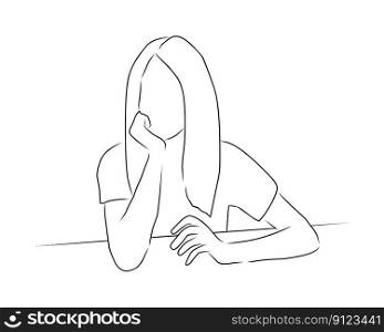 Woman sits at the table and dreams, vector. Hand drawn sketch. A woman sits at a table resting her head on her hand and dreams, thinks.