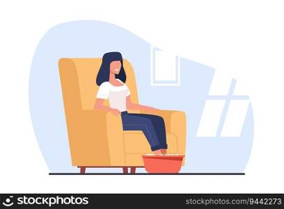 Woman sits in cushioned chair and does hot foot bath. Legs in hot water. Spa treatment. Home skincare and self care. Beauty and health procedures. Cartoon flat isolated illustration. Vector concept. Woman sits in cushioned chair and does hot foot bath. Legs in hot water. Spa treatment. Home skincare and self care. Beauty and health procedures. Cartoon flat isolated vector concept