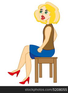 Woman sits on chair. Making look younger attractive woman in skirt sits on chair