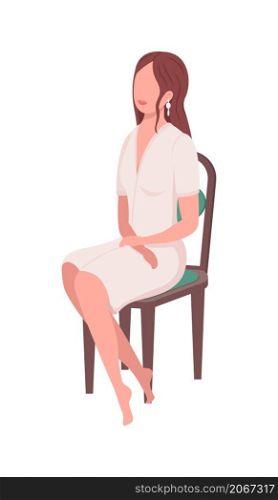 Woman sits on chair semi flat color vector character. Posing elegant figure. Full body person on white. Lifestyle isolated modern cartoon style illustration for graphic design and animation. Woman sits on chair semi flat color vector character