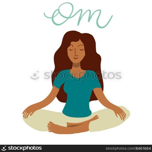 Woman sittin in meditation pose vector illustration. Hand drawn art in minimal flat style. Lettering phrase Om. Woman sitting in meditation pose vector illustration.