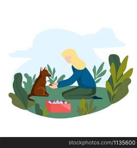 Woman sitting and bandage homeless dog paw. Volunteer takes care of the dog. Flat vector illustration. Woman sitting and bandage homeless dog paw. Volunteer takes care of the dog.