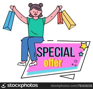 Woman sitting and holding vector shopping bags in hands. Big clearance in stores, black friday sale. Special offer on products. Best discounts and clearance in shops. Promotion caption on pink label. Woman Hold Shopping Bags, Special Offer on Sale