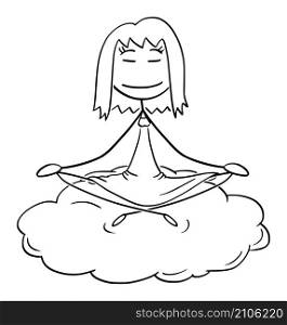 Woman sitting and meditating in lotus position on cloud , vector cartoon stick figure or character illustration.. Woman Meditating in Lotus Position on Cloud , Vector Cartoon Stick Figure Illustration