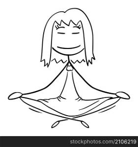 Woman sitting and meditating in lotus position , vector cartoon stick figure or character illustration.. Woman Meditating in Lotus Position , Vector Cartoon Stick Figure Illustration