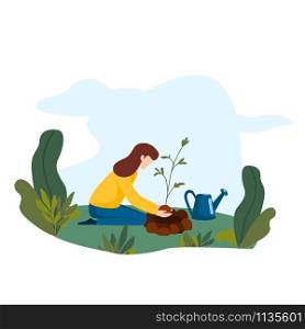 Woman sitting and planting tree. Volunteer takes care of the plant. Flat vector illustration. Woman sitting and planting tree. Volunteer takes care of the plant.