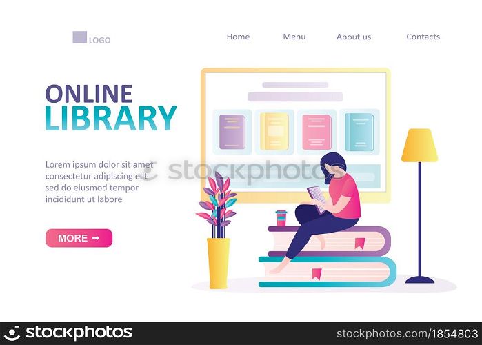 Woman sitting and reading online on tablet pc. Landing page on theme of e-library. Concept of electronic books and e-learning. Large selection of books in ebookstore. Trendy flat vector illustration. Woman sitting and reading online on tablet pc. Landing page on theme of e-library. Concept of electronic books and e-learning.