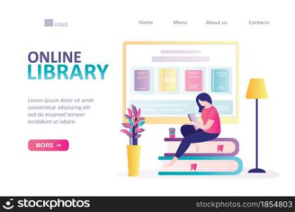 Woman sitting and reading online on tablet pc. Landing page on theme of e-library. Concept of electronic books and e-learning. Large selection of books in ebookstore. Trendy flat vector illustration. Woman sitting and reading online on tablet pc. Landing page on theme of e-library. Concept of electronic books and e-learning.