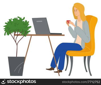 Woman sitting at a table at home drinking coffee and correspondence surfing the Internet. Girl communicating through network on the laptop. Social media network communication digital gadget addiction. Woman sits at table at home drinks coffee, surfing the Internet. Social media network communication