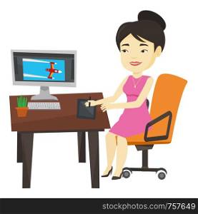 Woman sitting at desk and drawing on graphics tablet. Graphic designer using graphics tablet, computer and pen. Graphic designer at work. Vector flat design illustration isolated on white background.. Designer using digital graphics tablet.