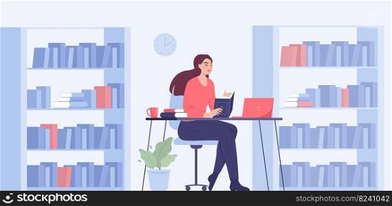 Woman sitting at desk with book in reading room. Lady studying or learning at table, library interior flat vector illustration. Literature, education concept for banner, website design or landing page