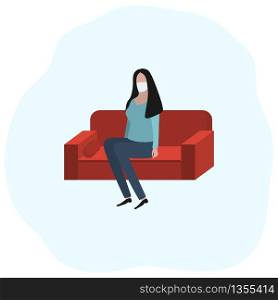 Woman sitting at home on a sofa in a medical mask. Fashion trendy illustration, flat design. Pandemic and epidemic of coronavirus in the world.. Woman sitting at home on a sofa in a medical mask. Fashion trendy illustration, flat design. Pandemic and epidemic of coronavirus in the world