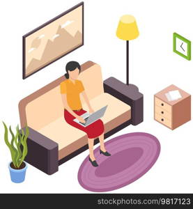 Woman sitting at home on comfortable couch communicate with computer, browsing or working on laptop at her laps. Flat style interior living room. Freelance, online education or social media concept. Woman sitting at home on comfortable couch with computer, browsing or working on laptop at her laps