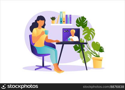 Woman sitting at laptop and using website for dating or searching for love. Virtual relationships and online dating and social networking concept.