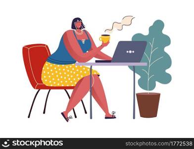 Woman sitting at table and communicating. Coffee break concept. Cartoon female drinking hot beverage in cafe. Girl messaging online using laptop. Vector young person holding cup with rising steam. Woman sitting at table and communicating. Coffee break. Cartoon female drinking hot beverage in cafe. Girl messaging online using laptop. Vector person holding cup with rising steam