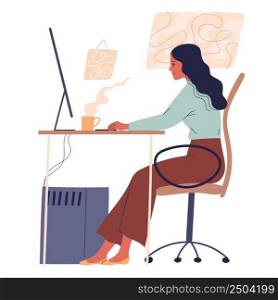 Woman sitting at table and working online at computer. Woman sitting at table and working online at computer.