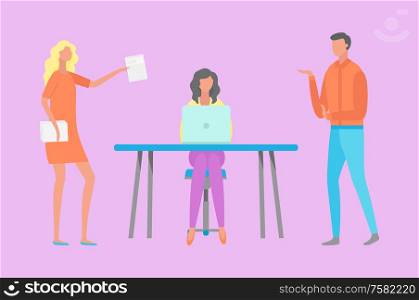 Woman sitting at table between workers, working process with laptop, female with papers, man rising hand. Teamwork communication in office vector. Female Working Process with Laptop, Workers Vector