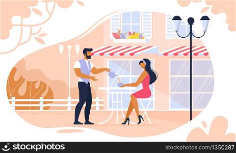 Woman Sitting at Table in Summer Cafe Outdoors, Waiter Pouring Tea from Teapot to Cup. Street Food, Open Air Restaurant in Day Time. Relaxing Girl Character Vacation. Cartoon Flat Vector Illustration. Woman Sitting at Table in Summer Cafe Outdoors,