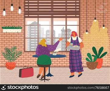 Woman sitting at table with bags and drinking cup of beverage. Waitress standing near female with coffee and dessert. Interior view of coffeehouse with houseplant and cityscape view from window vector. Coffeehouse Interior, Client and Waitress Vector