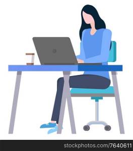 Woman sitting at table with laptop and coffee, worker using computer. Employee creative business idea, innovation strategy, person brainstorming vector. Employee Woman Brainstorming Business Idea Vector