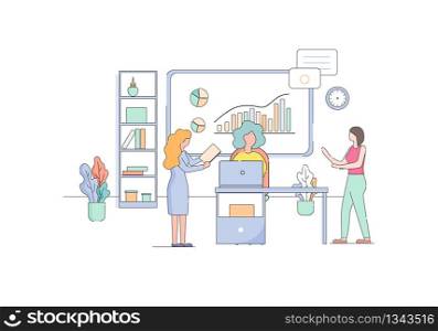 Woman Sitting at Table with Laptop on Huge Screen with Growing Chart Backgroung in Modern Office Interior Room. Business Women Meeting, Teamwork, Brainstorming. Linear Cartoon Flat Vector Illustration. Business Woman Sit at Table with Laptop in Office.