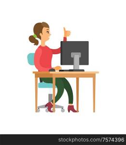 Woman sitting at table with thumb up vector isolated character. Female office worker at computer on chair, successful female and approval sign. Woman Sitting at Table, Thumb Up Vector Isolated