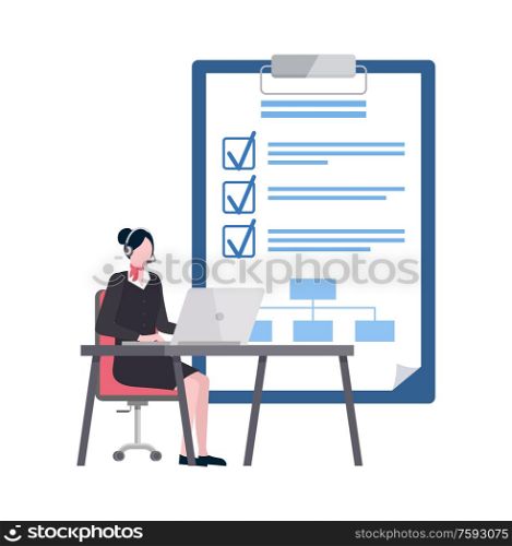 Woman sitting at table working with laptop, business goals list with check marks vector, employee using computer, notepad and ticks, workplace vector. Worker Using Laptop, Goals List with Ticks Vector