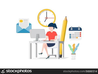 Woman sitting at the computer in the office. Set for business work schedule, clock, email documents, letter, coffee, calendar. Company employee and office.