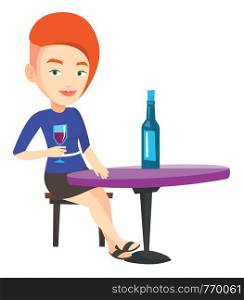 Woman sitting at the table with glass and bottle of wine. Caucasian woman drinking wine at restaurant. Woman enjoying a drink at wine bar. Vector flat design illustration isolated on white background.. Woman drinking wine at restaurant.