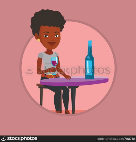 Woman sitting at the table with glass and bottle of wine. Woman drinking wine at restaurant. Woman enjoying a drink at wine bar. Vector flat design illustration in the circle isolated on background.. Woman drinking wine at restaurant.