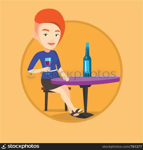 Woman sitting at the table with glass and bottle of wine. Woman drinking wine at restaurant. Woman enjoying a drink at wine bar. Vector flat design illustration in the circle isolated on background.. Woman drinking wine at restaurant.