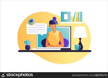 Woman sitting at the table with laptop. Working on a computer. Freelance, online education or social media concept. Working from home, remote job.