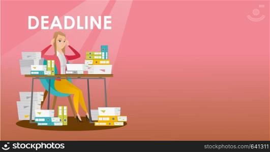 Woman sitting at the table with stacks of papers and clutching head because of a missed deadline. Business woman has a problem with a deadline. Vector flat design illustration. Horizontal layout.. Businessman has a problem with a deadline.