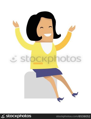Woman Sitting Hands Up Smiling Girl Find Sollution. Woman sitting with hands up. Smiling girl find sollution for problem. Successful idea banner. Satisfied woman with results brainstorm isolated on white. Happy lady solved trouble. Vector illustration