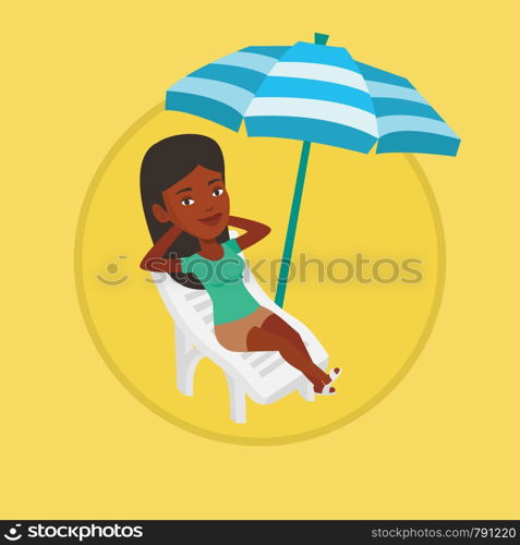 Woman sitting in a beach chair. Woman resting on holiday while sitting under umbrella on a beach chair. Woman relaxing on beach. Vector flat design illustration in the circle isolated on background.. Woman relaxing on beach chair vector illustration.