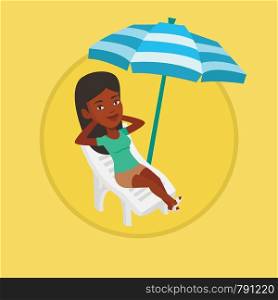 Woman sitting in a beach chair. Woman resting on holiday while sitting under umbrella on a beach chair. Woman relaxing on beach. Vector flat design illustration in the circle isolated on background.. Woman relaxing on beach chair vector illustration.