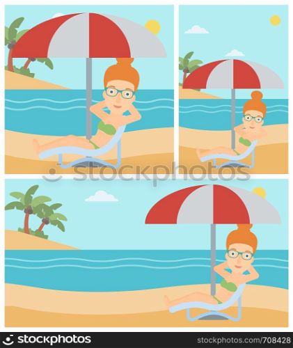 Woman sitting in a chaise longue on the beach. Woman sitting under umbrella on the beach. Woman relaxing on beach chair. Vector flat design illustration. Square, horizontal, vertical layouts.. Woman relaxing on beach chair vector illustration.