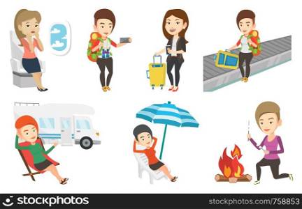Woman sitting in a folding chair and giving thumb up on the background of camper van. Woman enjoying her vacation in camper van. Set of vector flat design illustrations isolated on white background.. Vector set of traveling people.