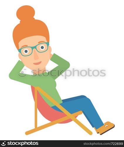 Woman sitting in a folding chair vector flat design illustration isolated on white background. . Woman sitting in a folding chair.