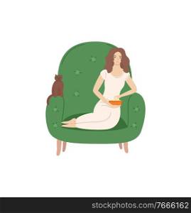 Woman sitting in armchair and eating vector, lady relaxing holding bowl with meal laying by domestic pet. Person at home after working day isolated. Woman Spending Time at Home Female in Armchair